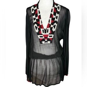 Monique Leshman Black Red Graphic Long Sleeve Swim Coverup medium